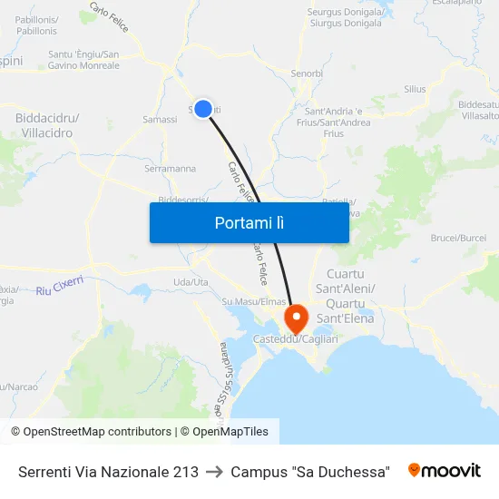 Serrenti Via Nazionale 213 to Campus "Sa Duchessa" map