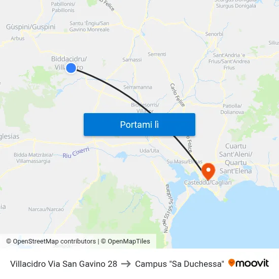 Villacidro Via San Gavino 28 to Campus "Sa Duchessa" map