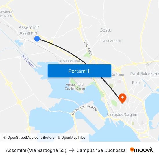 Assemini (Via Sardegna 55) to Campus "Sa Duchessa" map