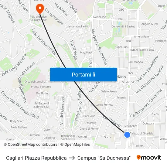 Cagliari Piazza Repubblica to Campus "Sa Duchessa" map