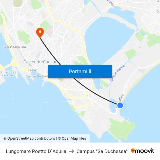 Lungomare Poetto D`Aquila to Campus "Sa Duchessa" map