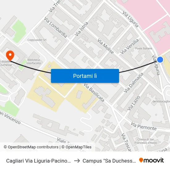 Cagliari Via Liguria-Pacinotti to Campus "Sa Duchessa" map