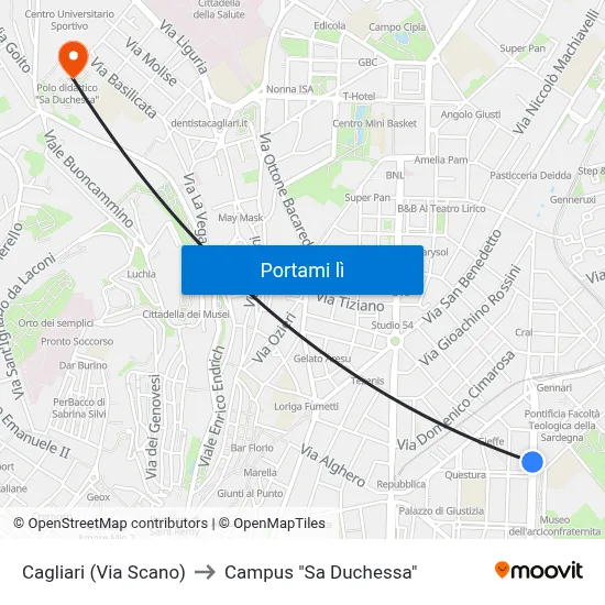Cagliari (Via Scano) to Campus "Sa Duchessa" map