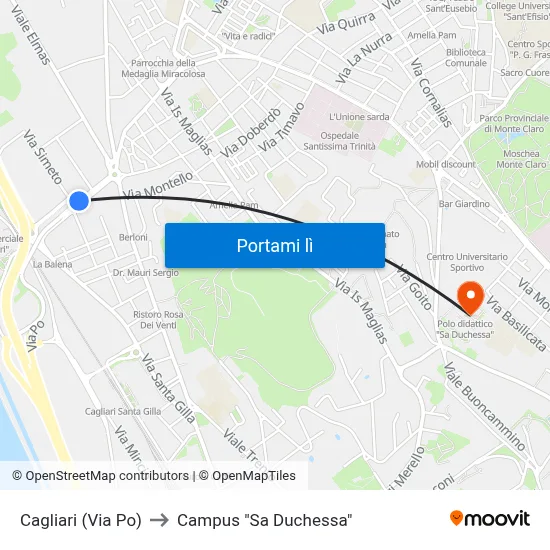 Cagliari (Via Po) to Campus "Sa Duchessa" map