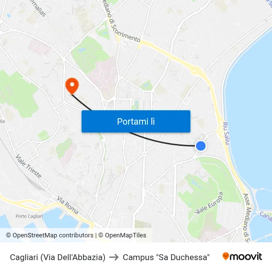 Cagliari (Via Dell'Abbazia) to Campus "Sa Duchessa" map