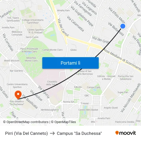 Pirri (Via Del Canneto) to Campus "Sa Duchessa" map