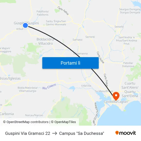 Guspini Via Gramsci 22 to Campus "Sa Duchessa" map