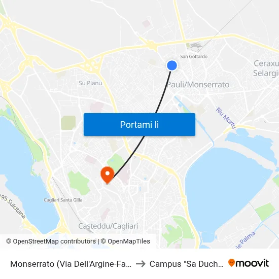 Monserrato (Via Dell'Argine-Farmacia) to Campus "Sa Duchessa" map