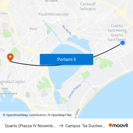 Quartu (Piazza IV Novembre) to Campus "Sa Duchessa" map