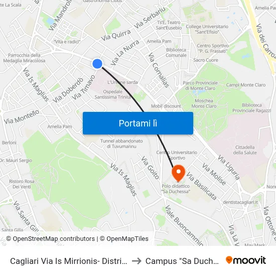 Cagliari Via Is Mirrionis- Distributore to Campus "Sa Duchessa" map