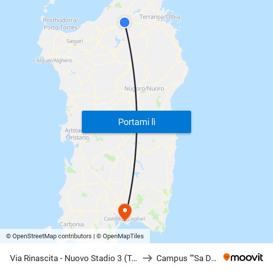 Via Rinascita - Nuovo Stadio 3 (Tempio Pausania) to Campus ""Sa Duchessa"" map