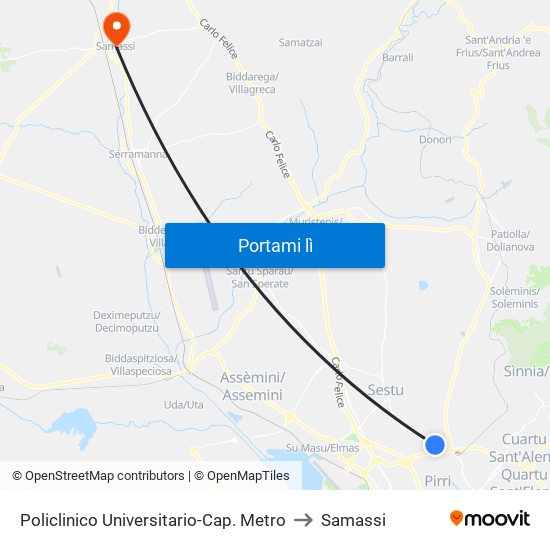 Policlinico Universitario-Cap. Metro to Samassi map