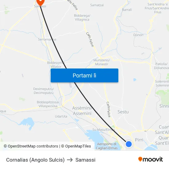 Cornalias (Angolo Sulcis) to Samassi map