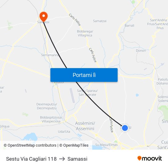Sestu Via Cagliari 118 to Samassi map