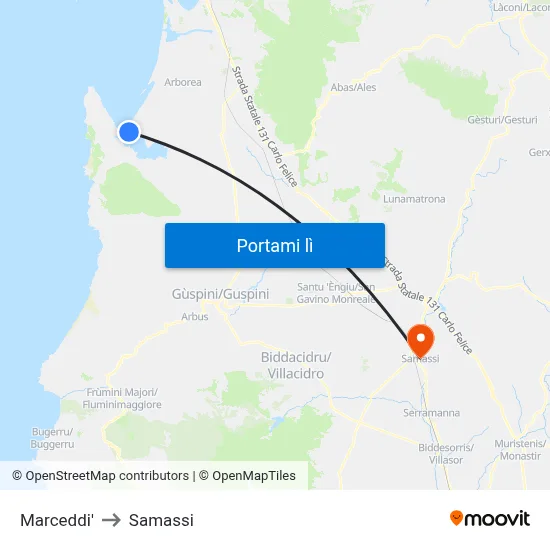 Marceddi' to Samassi map