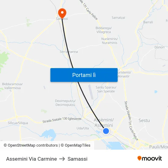 Assemini Via Carmine to Samassi map