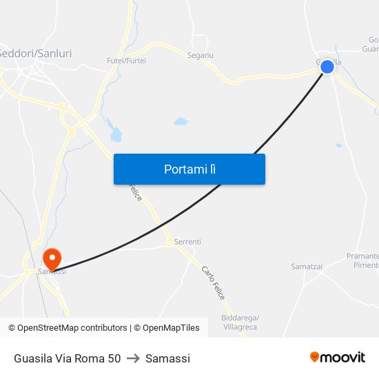 Guasila Via Roma 50 to Samassi map