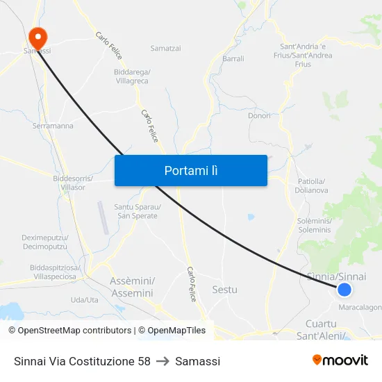 Sinnai Via Costituzione 58 to Samassi map