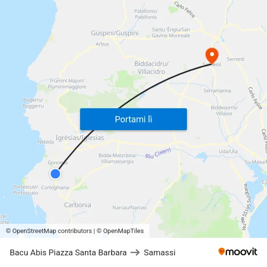 Bacu Abis Piazza Santa Barbara to Samassi map