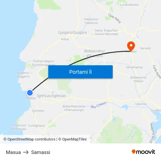 Masua to Samassi map