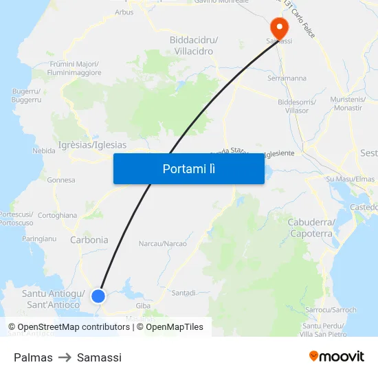 Palmas to Samassi map
