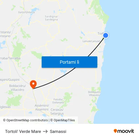 Tortoli' Verde Mare to Samassi map