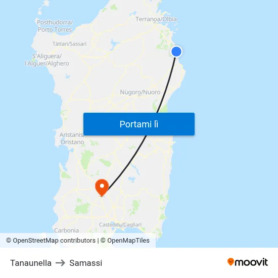 Tanaunella to Samassi map