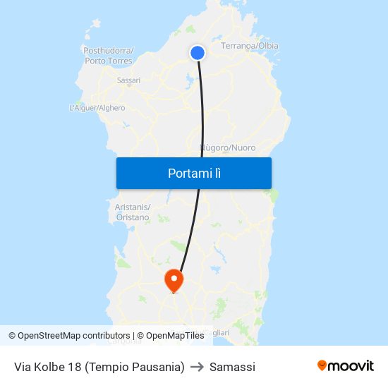 Via Kolbe 18 (Tempio Pausania) to Samassi map