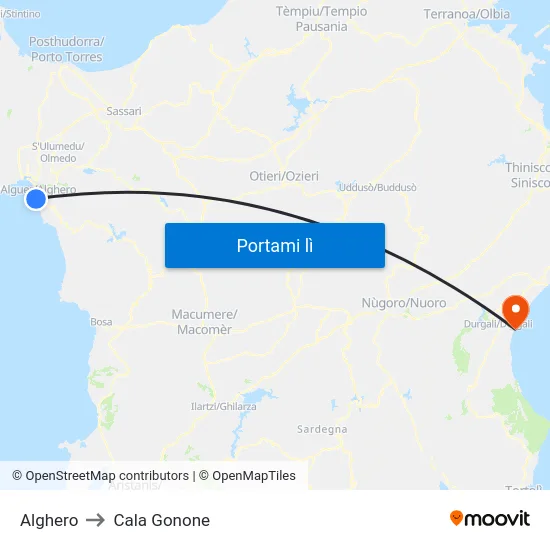 Alghero to Cala Gonone map