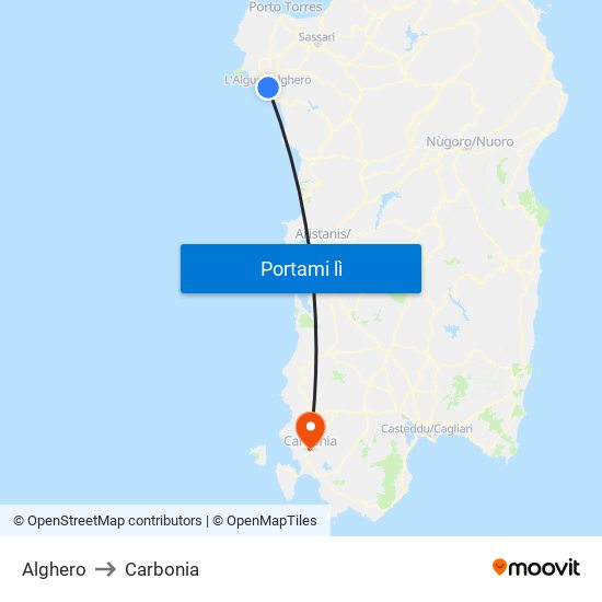 Alghero to Carbonia map