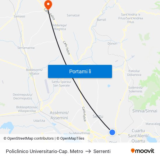 Policlinico Universitario-Cap. Metro to Serrenti map