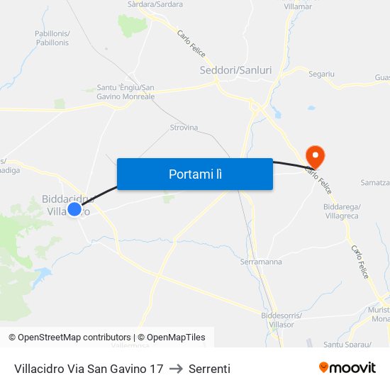 Villacidro Via San Gavino 17 to Serrenti map