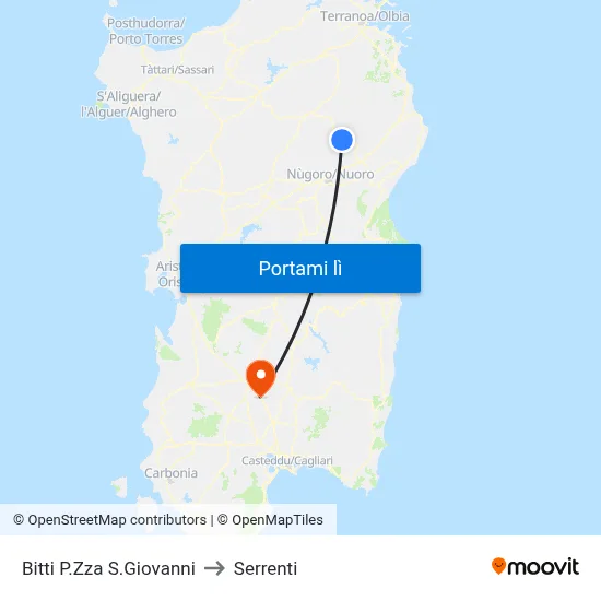 Bitti P.Zza S.Giovanni to Serrenti map