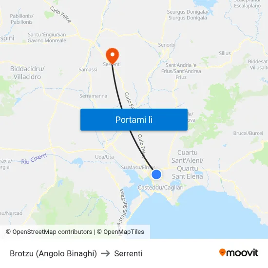 Brotzu (Angolo Binaghi) to Serrenti map