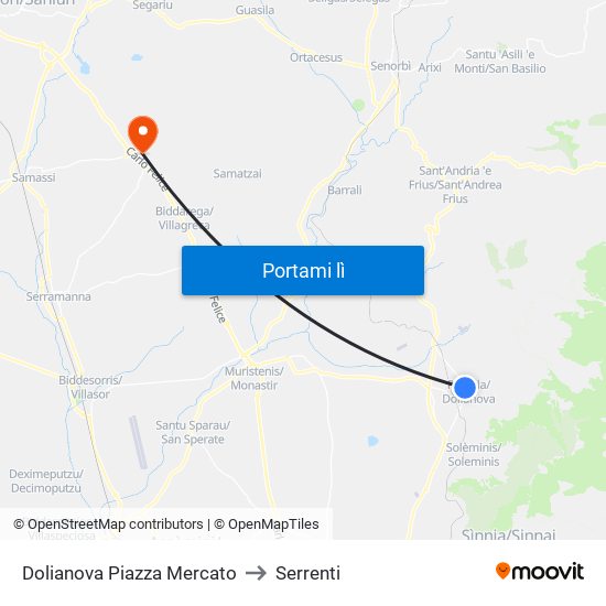 Dolianova Piazza Mercato to Serrenti map