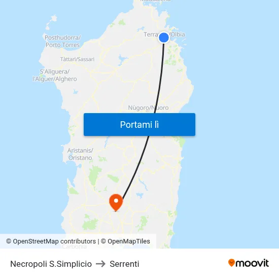 Necropoli S.Simplicio to Serrenti map