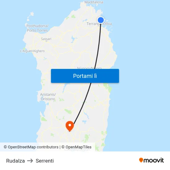 Rudalza to Serrenti map