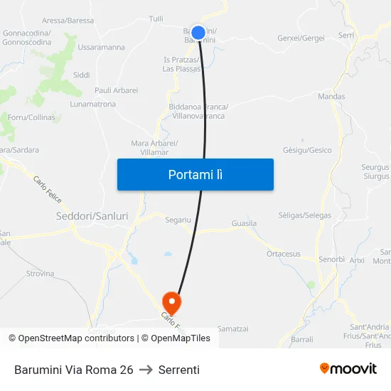 Barumini Via Roma 26 to Serrenti map