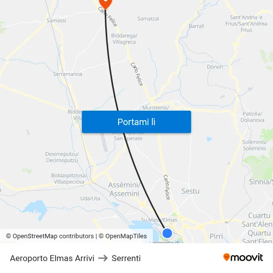 Aeroporto Elmas Arrivi to Serrenti map