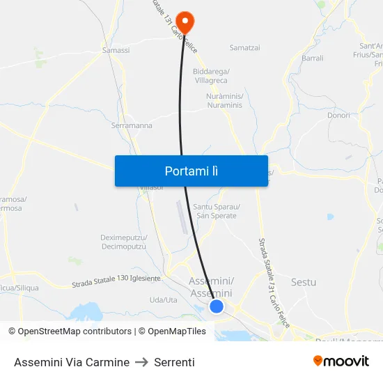 Assemini Via Carmine to Serrenti map