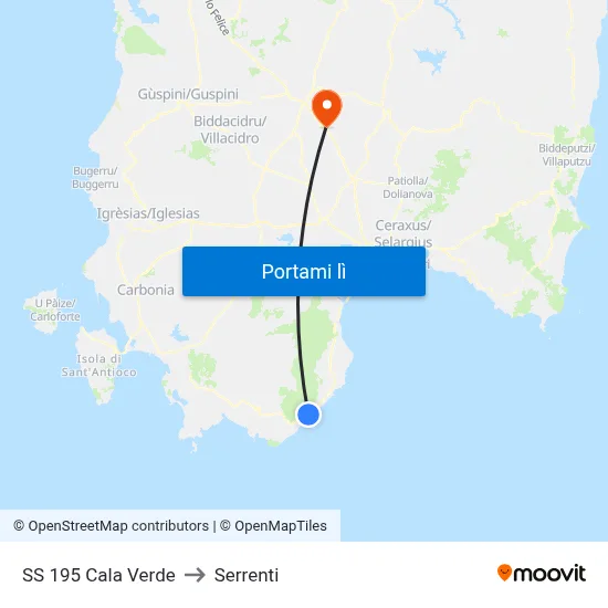 SS 195 Cala Verde to Serrenti map