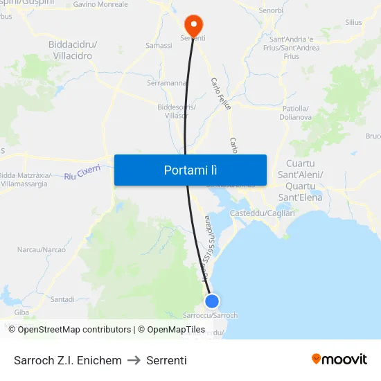 Sarroch Z.I. Enichem to Serrenti map