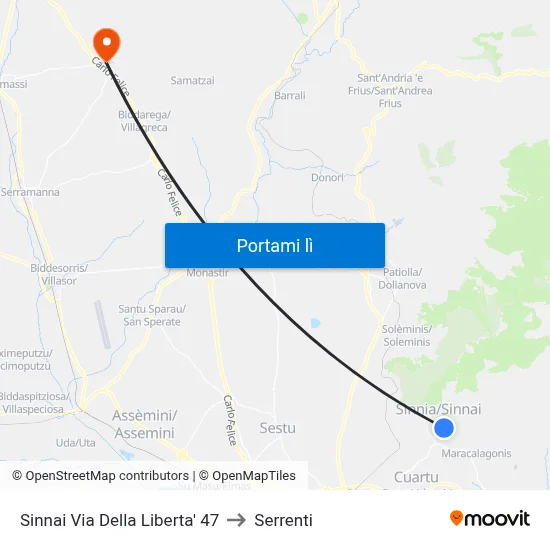 Sinnai Via Della Liberta' 47 to Serrenti map