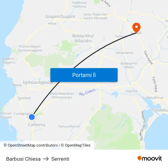 Barbusi Chiesa to Serrenti map