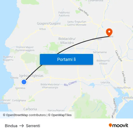 Bindua to Serrenti map