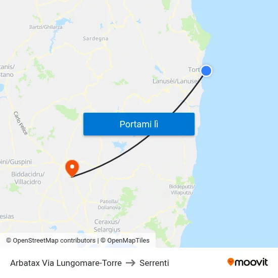 Arbatax Via Lungomare-Torre to Serrenti map