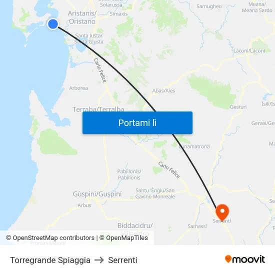 Torregrande Spiaggia to Serrenti map