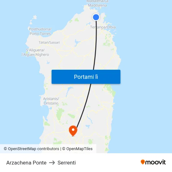 Arzachena Ponte to Serrenti map