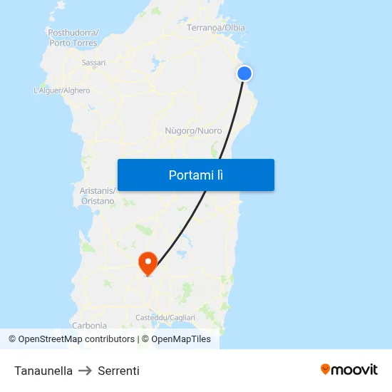 Tanaunella to Serrenti map