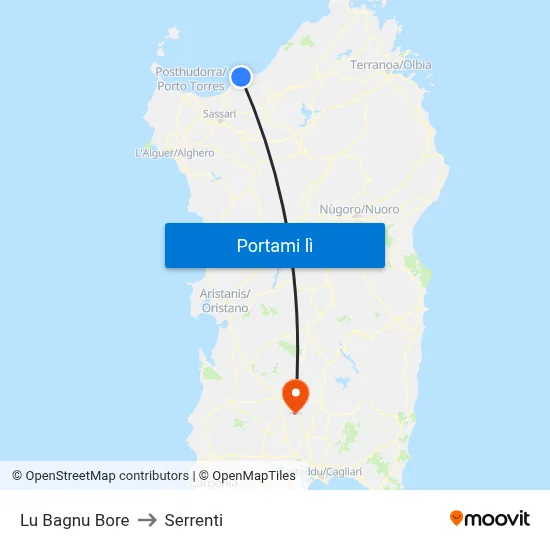 Lu Bagnu Bore to Serrenti map